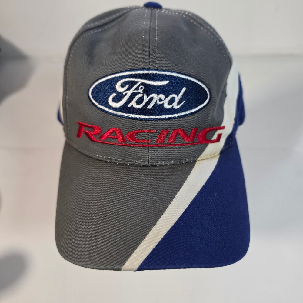 Vtg 90s Ford Racing Hat Checkered Flag Grey Blue Colorblock Snapback Cap